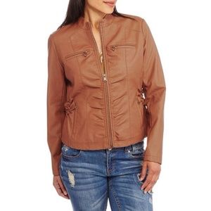 Maxwell Studio 2X brown Vegan leather lined zippered closure ruched  jacket